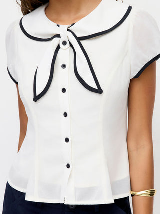 Chiffon Peter Pan Collar Short Sleeve Bowknot Contrast Binding Blouse