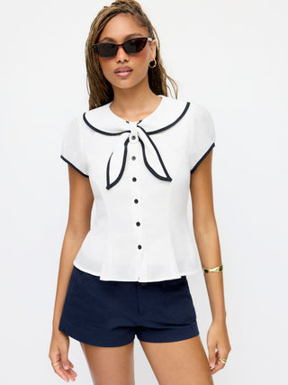 Chiffon Peter Pan Collar Short Sleeve Bowknot Contrast Binding Blouse