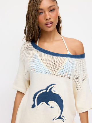 Knit Cotton-blend Crochet Dolphin Graphic Boat Neck Oversized Short Sleeve Top
