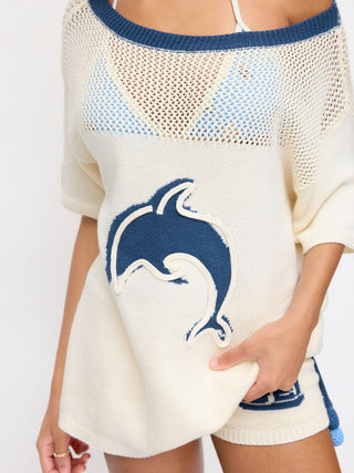 Knit Cotton-blend Crochet Dolphin Graphic Boat Neck Oversized Short Sleeve Top