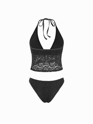 Lace Halter Neckline Floral Cheeky Bikini Set With Beaded Detail