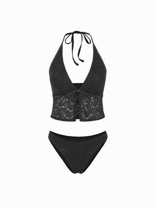 Lace Halter Neckline Floral Cheeky Bikini Set With Beaded Detail