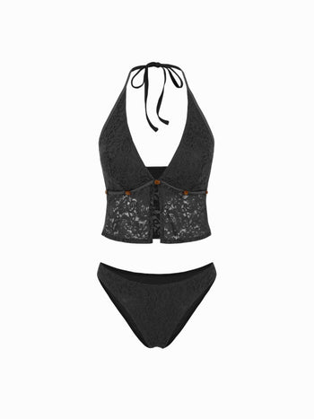 Lace Halter Neckline Floral Cheeky Bikini Set With Beaded Detail