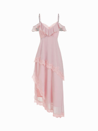 Chiffon V-neck Ruffle Sleeve Lace Panel A-line Maxi Dress