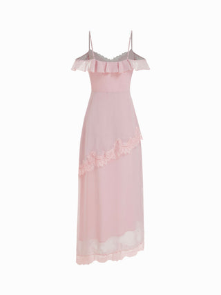 Chiffon V-neck Ruffle Sleeve Lace Panel A-line Maxi Dress