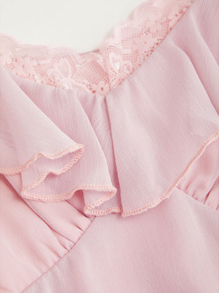Chiffon V-neck Ruffle Sleeve Lace Panel A-line Maxi Dress