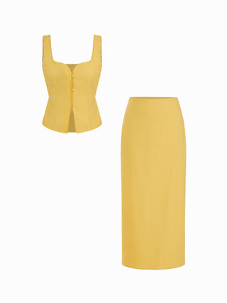 Linen-blend Button Front Sweetheart Neck Tank Top & Mid Rise Pencil Maxi Skirt Set