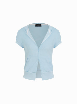 Cotton-blend Terry Hooded Short Sleeve Zip Through Pocket Tee