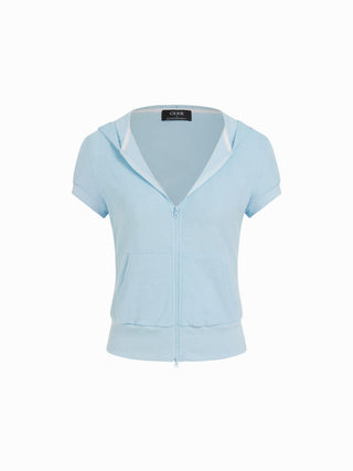 Cotton-blend Terry Hooded Short Sleeve Zip Through Pocket Tee