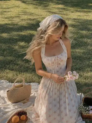 Cotton-blend Sculptural Halter Neck Ditsy Floral Shirred Milkmaid Midi Dress