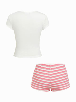 Strawberry Graphic Round Neck Tee and Striped Shorts Set
