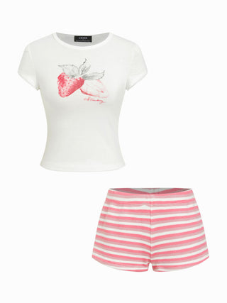 Strawberry Graphic Round Neck Tee and Striped Shorts Set