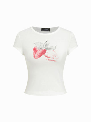 Strawberry Graphic Round Neck Tee and Striped Shorts Set