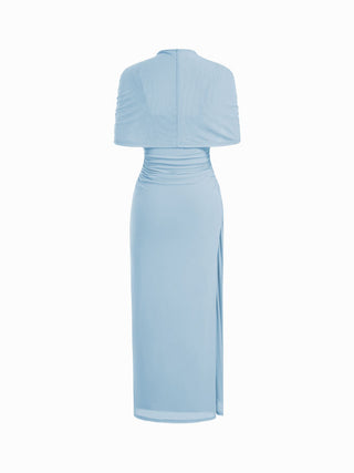 Mesh High Neckline Asymmetrical Ruched Cloak Sleeve Mermaid Maxi Dress