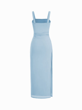 Mesh High Neckline Asymmetrical Ruched Cloak Sleeve Mermaid Maxi Dress