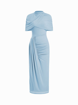 Mesh High Neckline Asymmetrical Ruched Cloak Sleeve Mermaid Maxi Dress