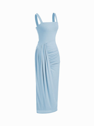Mesh High Neckline Asymmetrical Ruched Cloak Sleeve Mermaid Maxi Dress