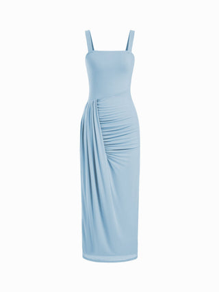 Mesh High Neckline Asymmetrical Ruched Cloak Sleeve Mermaid Maxi Dress