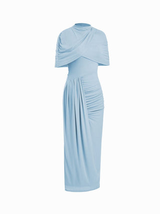 Mesh High Neckline Asymmetrical Ruched Cloak Sleeve Mermaid Maxi Dress