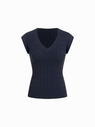 Cable Knit V-neck Twist Knotted Tank Top