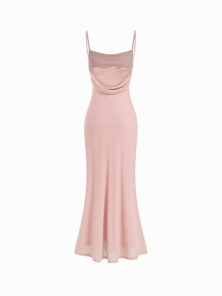 Mesh Polka Dot Lace Panel High Rise Mermaid Maxi Dress
