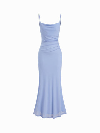 Mesh Polka Dot Lace Panel High Rise Mermaid Maxi Dress