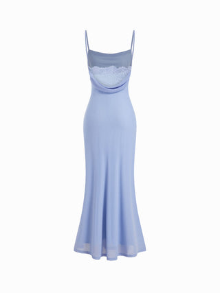Mesh Polka Dot Lace Panel High Rise Mermaid Maxi Dress