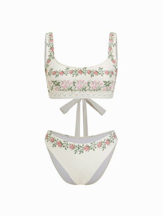 Scoop Neckline Floral Bracelet Cheeky Bikini Set With Ruffle Beach Skirt