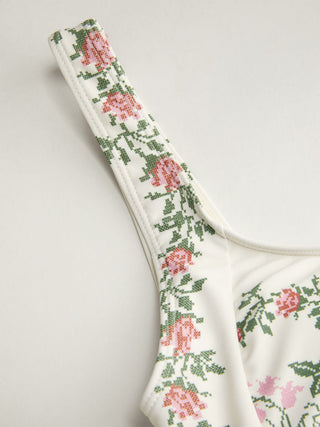 Scoop Neckline Floral Bracelet Cheeky Bikini Set With Ruffle Beach Skirt