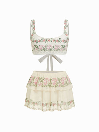 Scoop Neckline Floral Bracelet Cheeky Bikini Set With Ruffle Beach Skirt