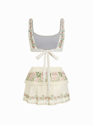 Scoop Neckline Floral Bracelet Cheeky Bikini Set With Ruffle Beach Skirt