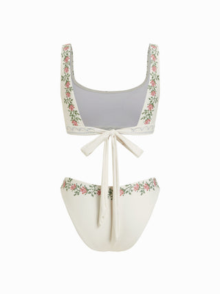 Scoop Neckline Floral Bracelet Cheeky Bikini Set With Ruffle Beach Skirt