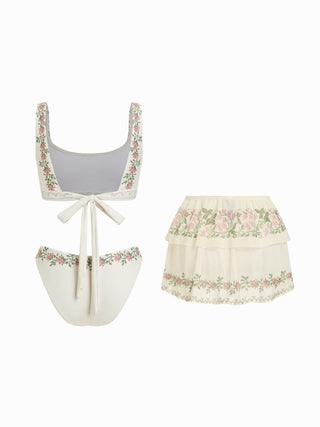 Scoop Neckline Floral Bracelet Cheeky Bikini Set With Ruffle Beach Skirt