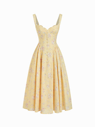 Cotton-blend Floral Sweetheart Neck Ruched Flared Midi Dress