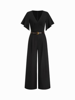 V-neck Bell Sleeve Mid Rise Wide Leg Jumpsuit With Belt