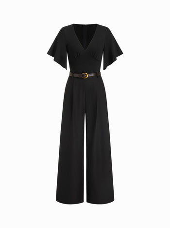 V-neck Bell Sleeve Mid Rise Wide Leg Jumpsuit With Belt