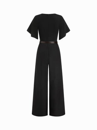 V-neck Bell Sleeve Mid Rise Wide Leg Jumpsuit With Belt