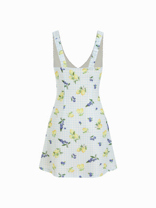 Fruit Gingham V-neck Bowknot A-line Mini Dress