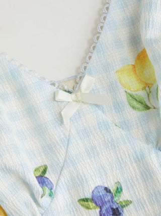 Fruit Gingham V-neck Bowknot A-line Mini Dress