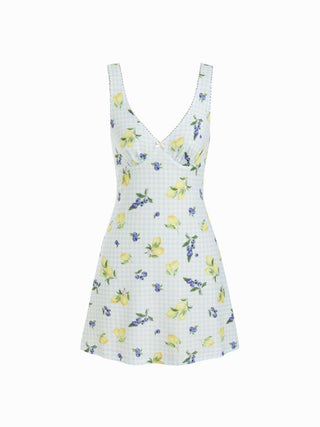 Fruit Gingham V-neck Bowknot A-line Mini Dress