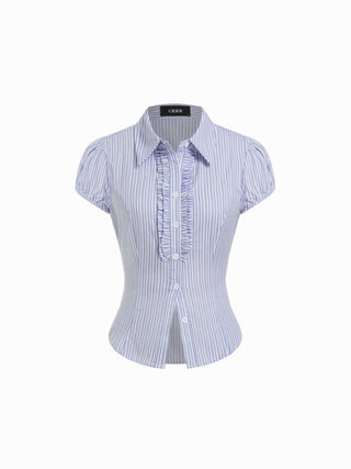 Cotton Striped Puff Sleeve Ruched Blouse