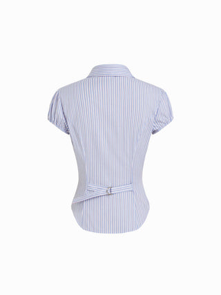 Cotton Striped Puff Sleeve Ruched Blouse