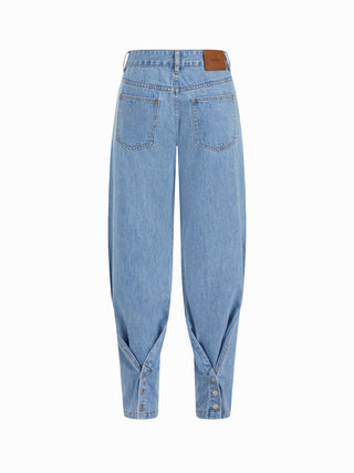 Denim Mid Rise Flared Tapered Back Metal Detail Trousers
