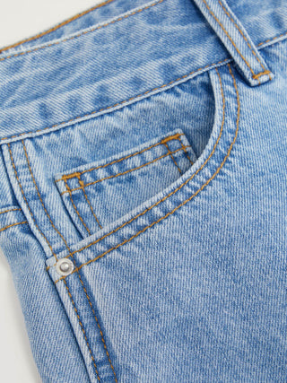 Denim Mid Rise Flared Tapered Back Metal Detail Trousers