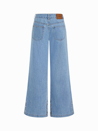 Denim Mid Rise Flared Tapered Back Metal Detail Trousers