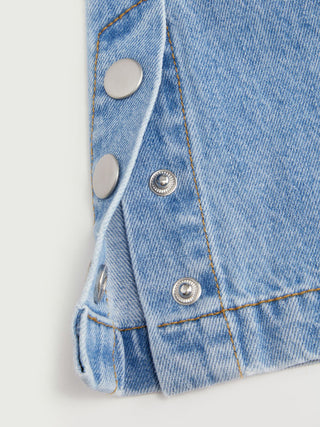 Denim Mid Rise Flared Tapered Back Metal Detail Trousers