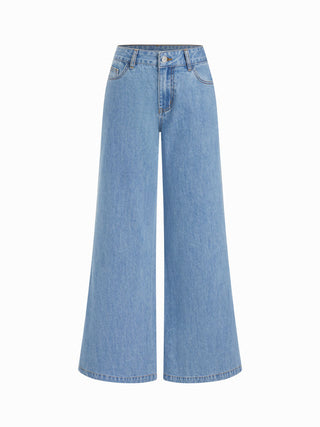 Denim Mid Rise Flared Tapered Back Metal Detail Trousers