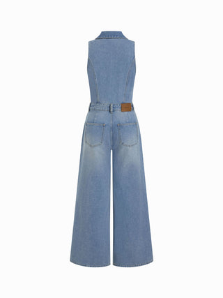Denim High Rise Washed Metal Detail Wide Leg Jumpsuit