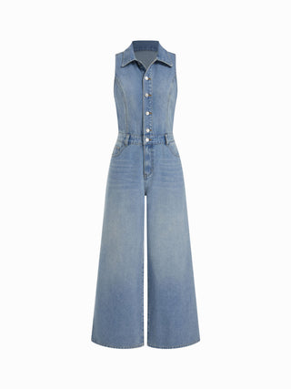 Denim High Rise Washed Metal Detail Wide Leg Jumpsuit