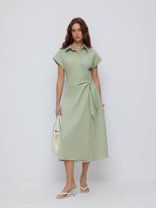 Linen-blend Short Sleeve Twist Knotted Shirt Midi Dress